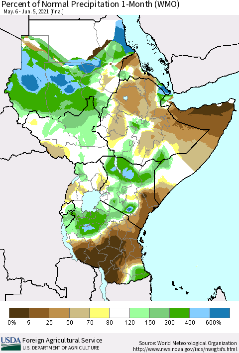 Eastern Africa Percent of Normal Precipitation 1-Month (WMO) Thematic Map For 5/6/2021 - 6/5/2021