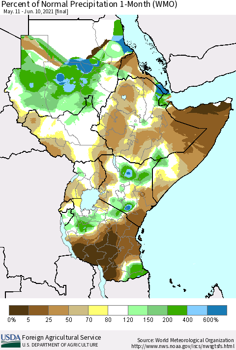 Eastern Africa Percent of Normal Precipitation 1-Month (WMO) Thematic Map For 5/11/2021 - 6/10/2021