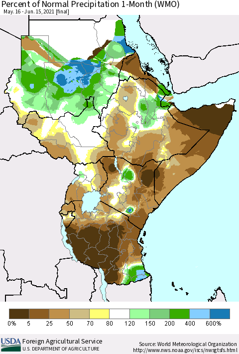Eastern Africa Percent of Normal Precipitation 1-Month (WMO) Thematic Map For 5/16/2021 - 6/15/2021