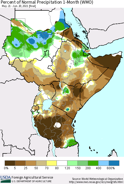 Eastern Africa Percent of Normal Precipitation 1-Month (WMO) Thematic Map For 5/21/2021 - 6/20/2021