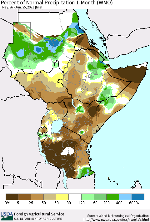 Eastern Africa Percent of Normal Precipitation 1-Month (WMO) Thematic Map For 5/26/2021 - 6/25/2021