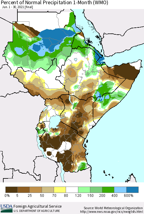 Eastern Africa Percent of Normal Precipitation 1-Month (WMO) Thematic Map For 6/1/2021 - 6/30/2021