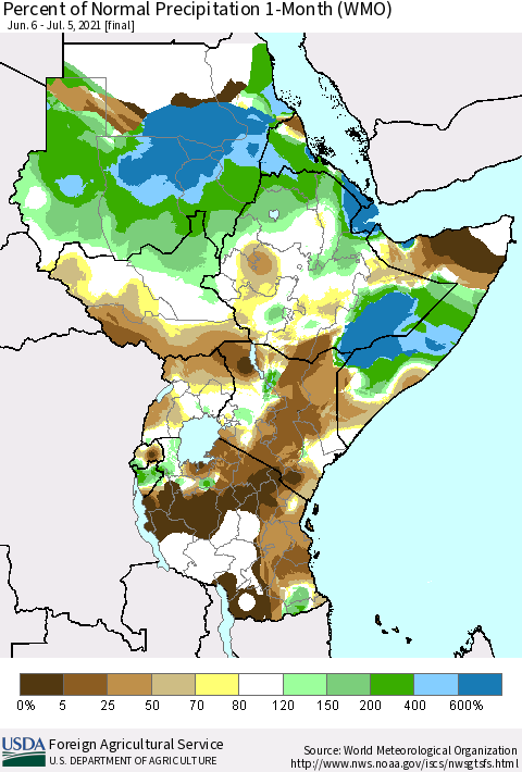 Eastern Africa Percent of Normal Precipitation 1-Month (WMO) Thematic Map For 6/6/2021 - 7/5/2021