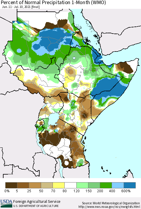 Eastern Africa Percent of Normal Precipitation 1-Month (WMO) Thematic Map For 6/11/2021 - 7/10/2021