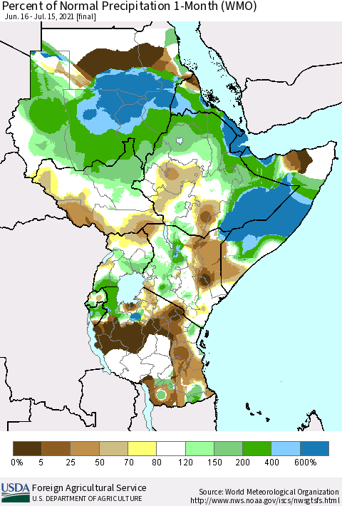 Eastern Africa Percent of Normal Precipitation 1-Month (WMO) Thematic Map For 6/16/2021 - 7/15/2021