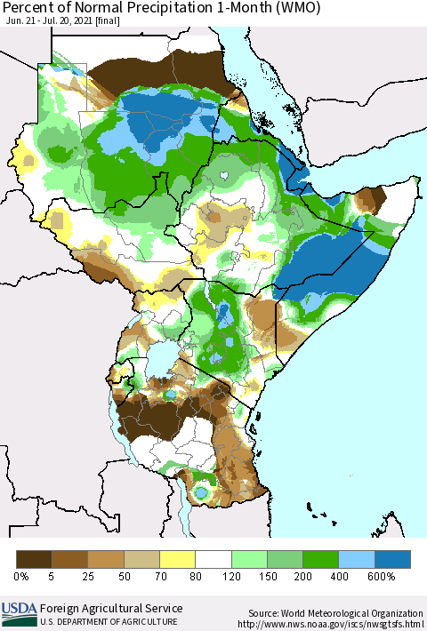 Eastern Africa Percent of Normal Precipitation 1-Month (WMO) Thematic Map For 6/21/2021 - 7/20/2021