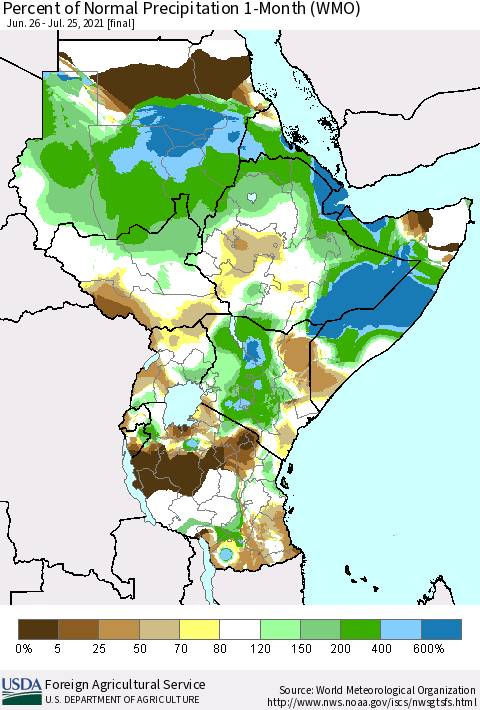 Eastern Africa Percent of Normal Precipitation 1-Month (WMO) Thematic Map For 6/26/2021 - 7/25/2021