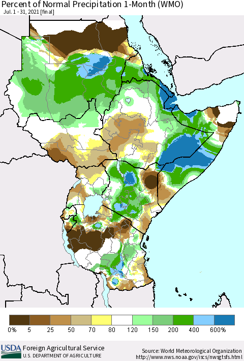Eastern Africa Percent of Normal Precipitation 1-Month (WMO) Thematic Map For 7/1/2021 - 7/31/2021