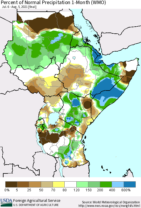 Eastern Africa Percent of Normal Precipitation 1-Month (WMO) Thematic Map For 7/6/2021 - 8/5/2021