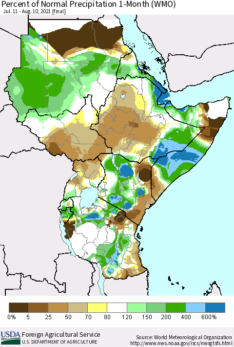 Eastern Africa Percent of Normal Precipitation 1-Month (WMO) Thematic Map For 7/11/2021 - 8/10/2021