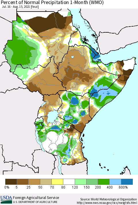 Eastern Africa Percent of Normal Precipitation 1-Month (WMO) Thematic Map For 7/16/2021 - 8/15/2021