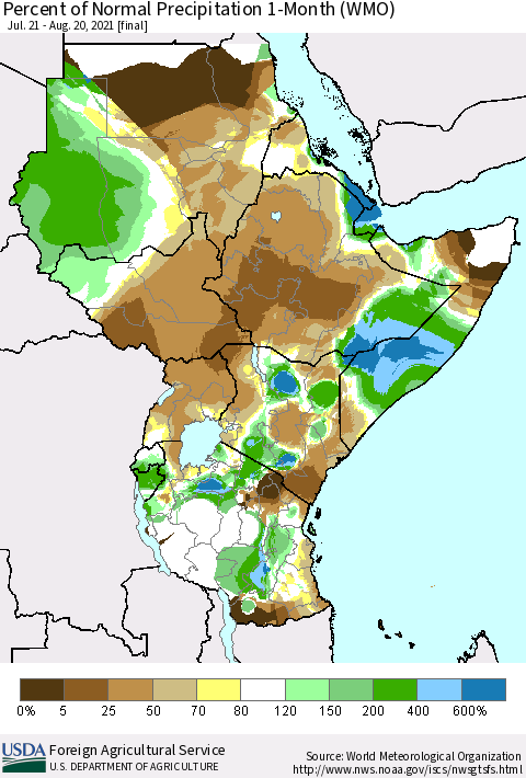 Eastern Africa Percent of Normal Precipitation 1-Month (WMO) Thematic Map For 7/21/2021 - 8/20/2021