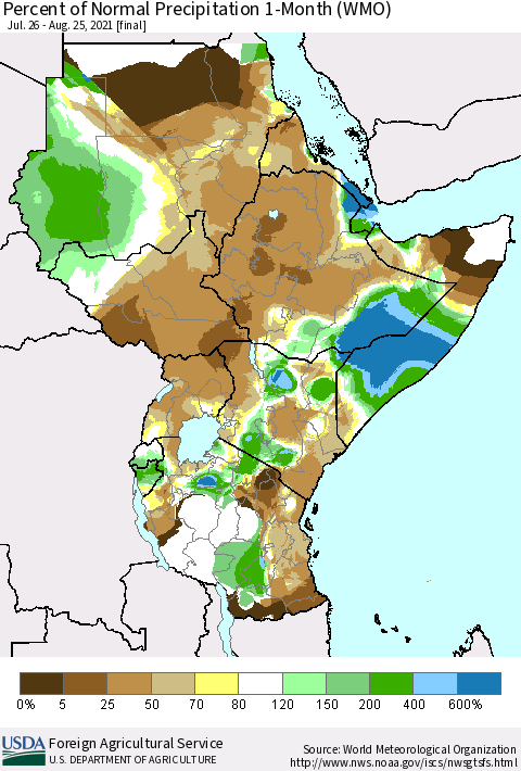 Eastern Africa Percent of Normal Precipitation 1-Month (WMO) Thematic Map For 7/26/2021 - 8/25/2021