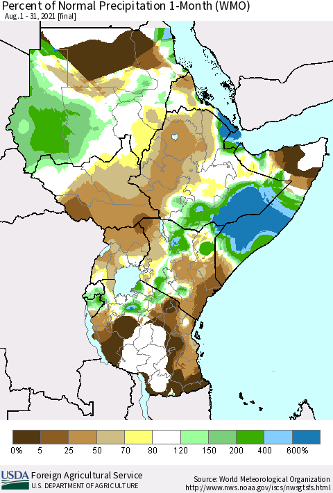 Eastern Africa Percent of Normal Precipitation 1-Month (WMO) Thematic Map For 8/1/2021 - 8/31/2021