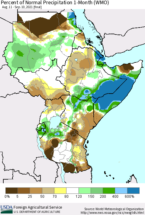 Eastern Africa Percent of Normal Precipitation 1-Month (WMO) Thematic Map For 8/11/2021 - 9/10/2021