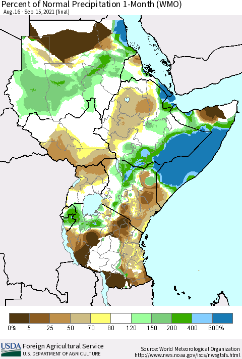 Eastern Africa Percent of Normal Precipitation 1-Month (WMO) Thematic Map For 8/16/2021 - 9/15/2021