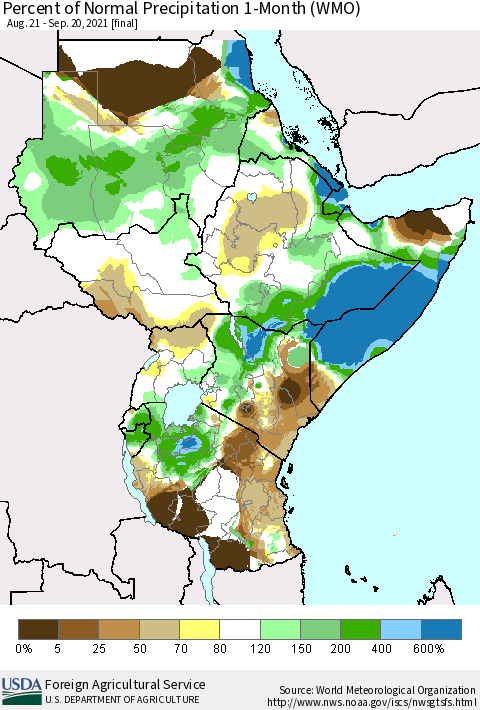 Eastern Africa Percent of Normal Precipitation 1-Month (WMO) Thematic Map For 8/21/2021 - 9/20/2021