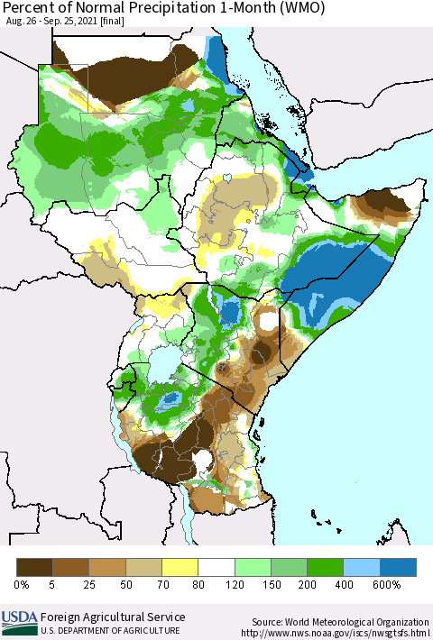 Eastern Africa Percent of Normal Precipitation 1-Month (WMO) Thematic Map For 8/26/2021 - 9/25/2021