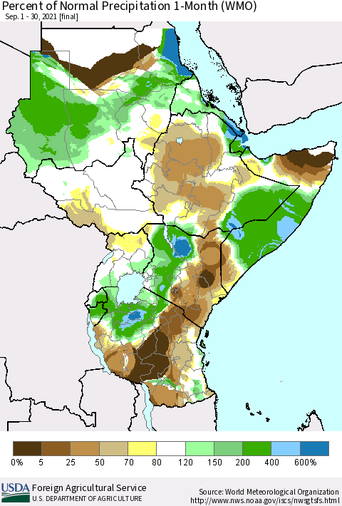 Eastern Africa Percent of Normal Precipitation 1-Month (WMO) Thematic Map For 9/1/2021 - 9/30/2021