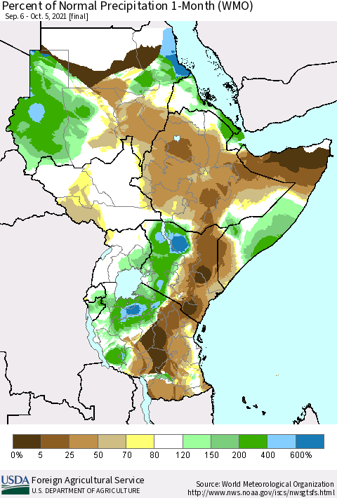 Eastern Africa Percent of Normal Precipitation 1-Month (WMO) Thematic Map For 9/6/2021 - 10/5/2021