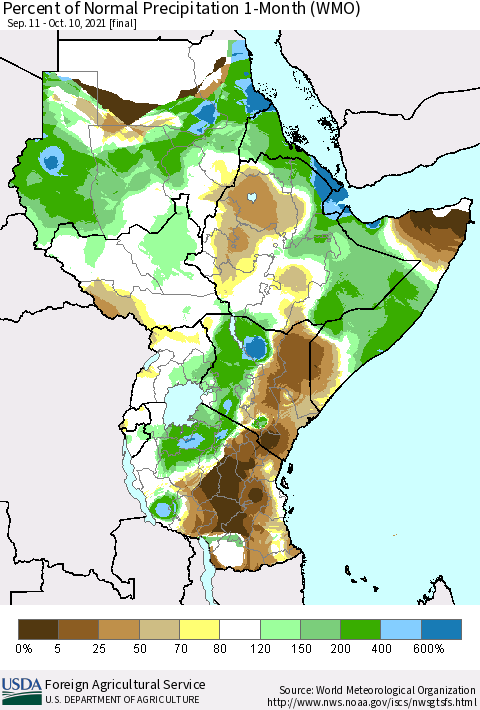 Eastern Africa Percent of Normal Precipitation 1-Month (WMO) Thematic Map For 9/11/2021 - 10/10/2021
