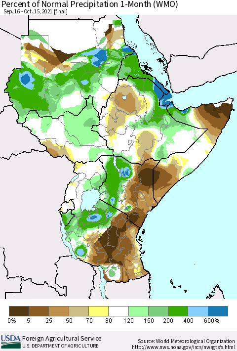 Eastern Africa Percent of Normal Precipitation 1-Month (WMO) Thematic Map For 9/16/2021 - 10/15/2021