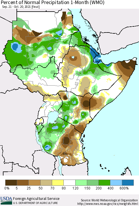 Eastern Africa Percent of Normal Precipitation 1-Month (WMO) Thematic Map For 9/21/2021 - 10/20/2021