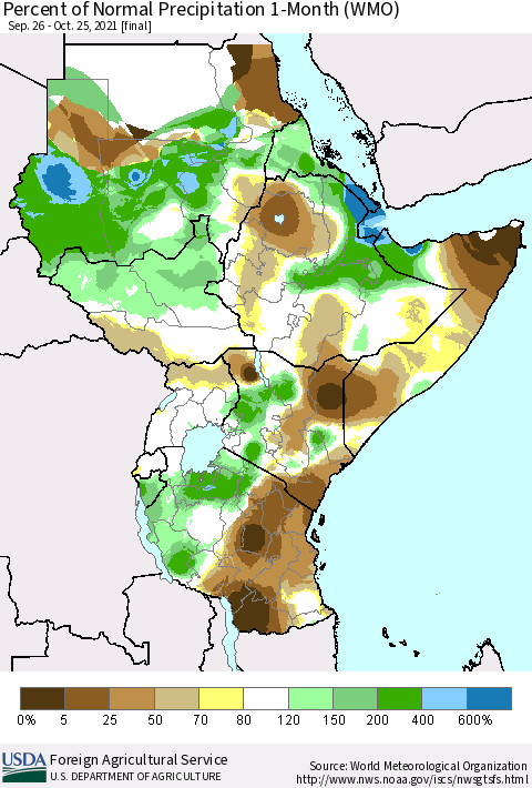 Eastern Africa Percent of Normal Precipitation 1-Month (WMO) Thematic Map For 9/26/2021 - 10/25/2021
