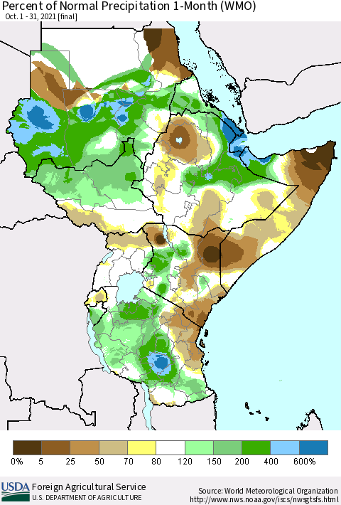 Eastern Africa Percent of Normal Precipitation 1-Month (WMO) Thematic Map For 10/1/2021 - 10/31/2021