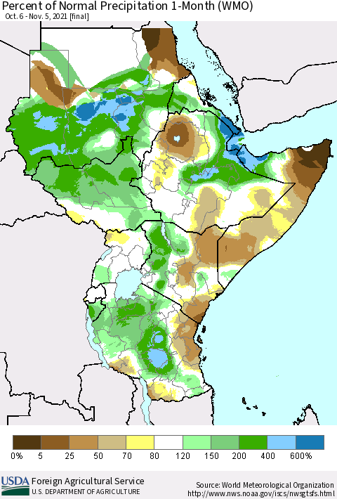 Eastern Africa Percent of Normal Precipitation 1-Month (WMO) Thematic Map For 10/6/2021 - 11/5/2021