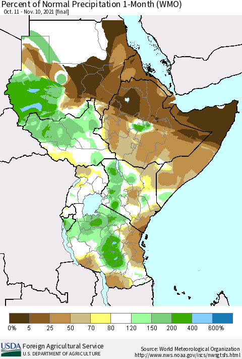 Eastern Africa Percent of Normal Precipitation 1-Month (WMO) Thematic Map For 10/11/2021 - 11/10/2021