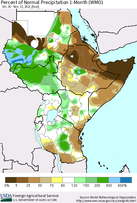Eastern Africa Percent of Normal Precipitation 1-Month (WMO) Thematic Map For 10/16/2021 - 11/15/2021