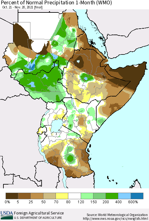 Eastern Africa Percent of Normal Precipitation 1-Month (WMO) Thematic Map For 10/21/2021 - 11/20/2021