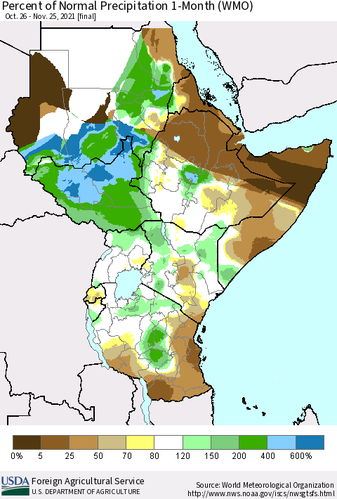 Eastern Africa Percent of Normal Precipitation 1-Month (WMO) Thematic Map For 10/26/2021 - 11/25/2021