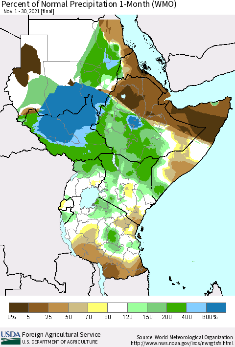 Eastern Africa Percent of Normal Precipitation 1-Month (WMO) Thematic Map For 11/1/2021 - 11/30/2021