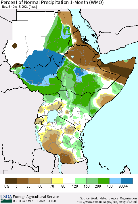 Eastern Africa Percent of Normal Precipitation 1-Month (WMO) Thematic Map For 11/6/2021 - 12/5/2021