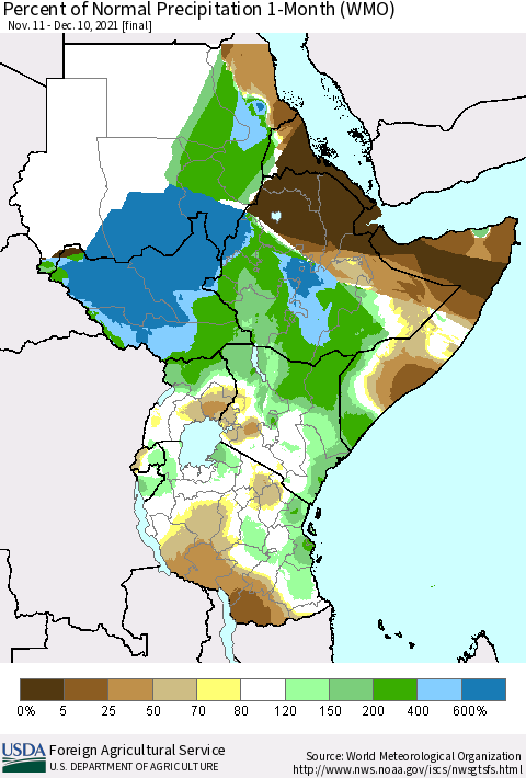 Eastern Africa Percent of Normal Precipitation 1-Month (WMO) Thematic Map For 11/11/2021 - 12/10/2021
