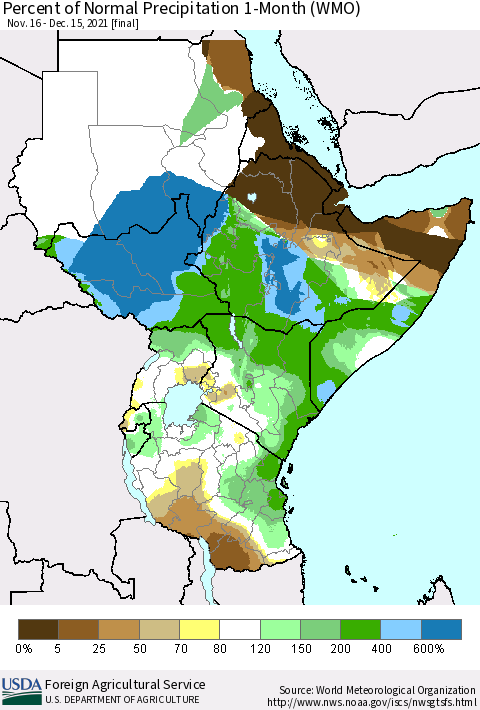 Eastern Africa Percent of Normal Precipitation 1-Month (WMO) Thematic Map For 11/16/2021 - 12/15/2021