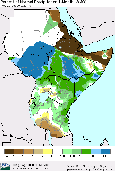 Eastern Africa Percent of Normal Precipitation 1-Month (WMO) Thematic Map For 11/21/2021 - 12/20/2021