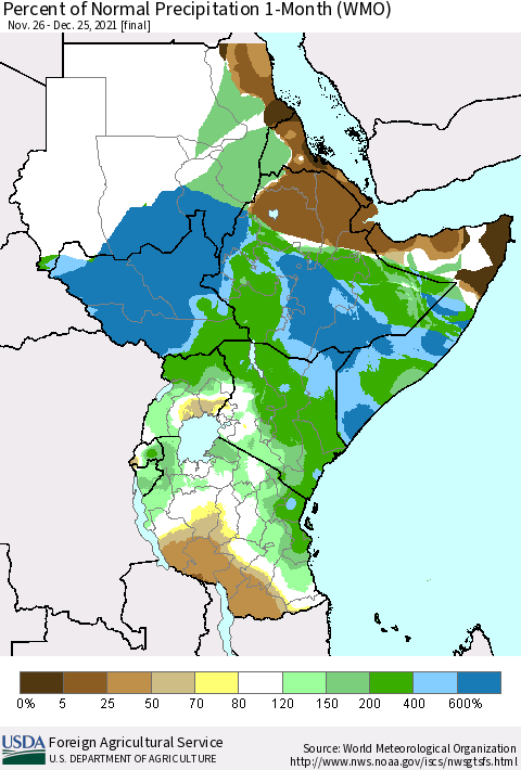 Eastern Africa Percent of Normal Precipitation 1-Month (WMO) Thematic Map For 11/26/2021 - 12/25/2021