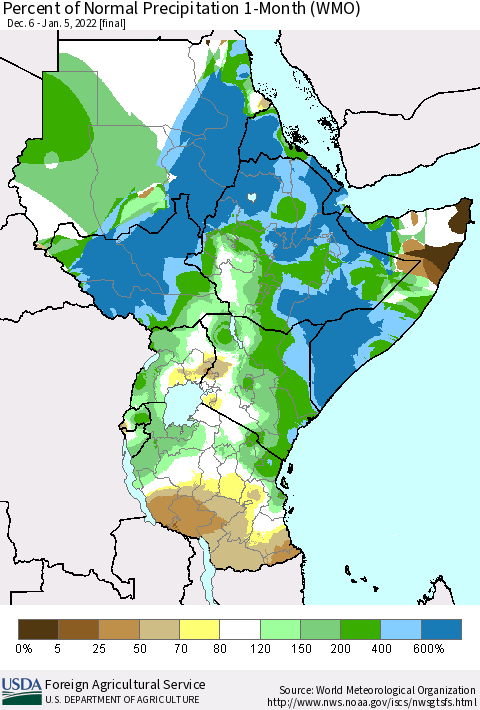 Eastern Africa Percent of Normal Precipitation 1-Month (WMO) Thematic Map For 12/6/2021 - 1/5/2022