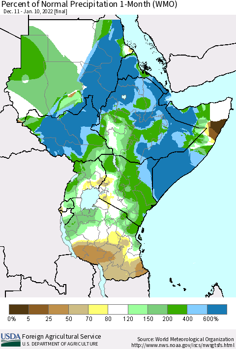 Eastern Africa Percent of Normal Precipitation 1-Month (WMO) Thematic Map For 12/11/2021 - 1/10/2022