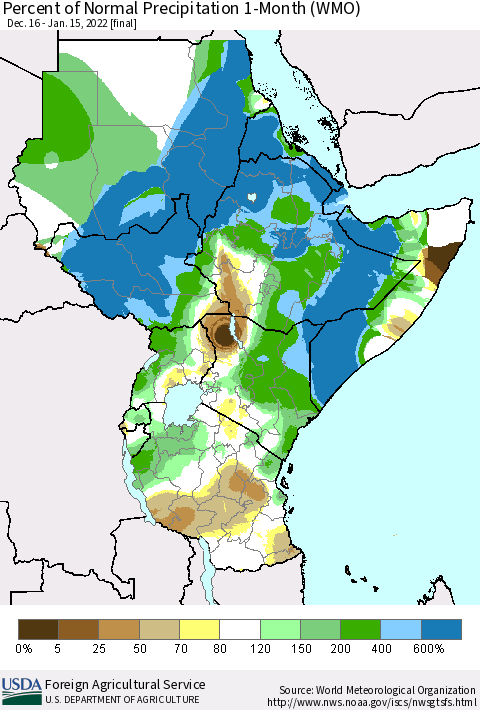 Eastern Africa Percent of Normal Precipitation 1-Month (WMO) Thematic Map For 12/16/2021 - 1/15/2022