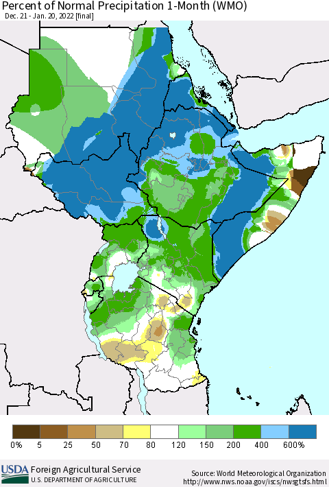Eastern Africa Percent of Normal Precipitation 1-Month (WMO) Thematic Map For 12/21/2021 - 1/20/2022