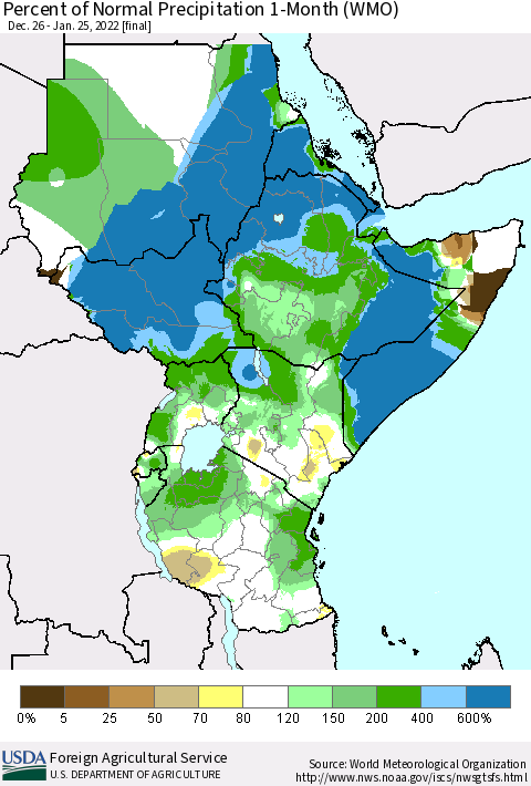 Eastern Africa Percent of Normal Precipitation 1-Month (WMO) Thematic Map For 12/26/2021 - 1/25/2022