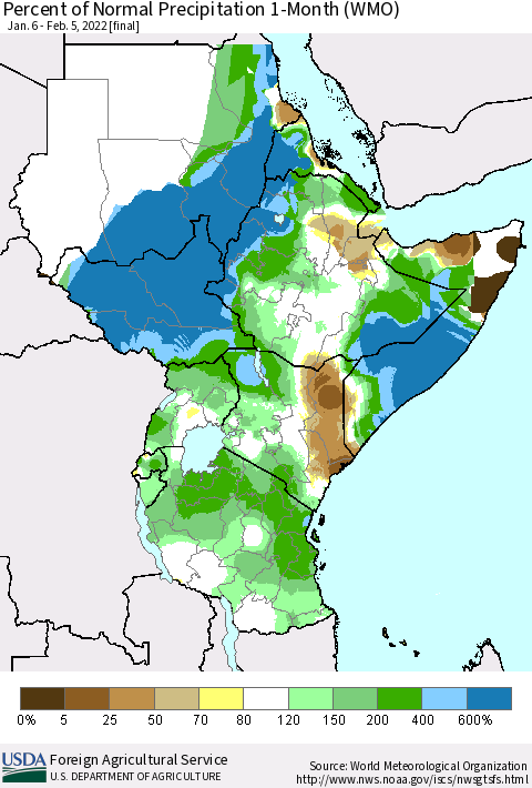 Eastern Africa Percent of Normal Precipitation 1-Month (WMO) Thematic Map For 1/6/2022 - 2/5/2022
