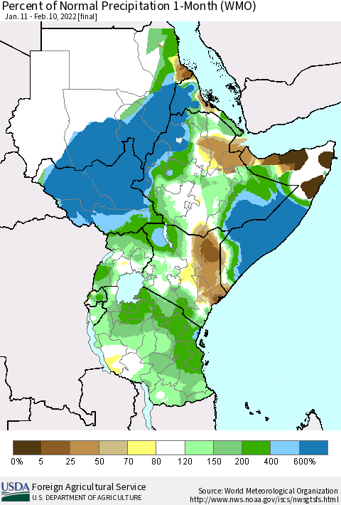 Eastern Africa Percent of Normal Precipitation 1-Month (WMO) Thematic Map For 1/11/2022 - 2/10/2022