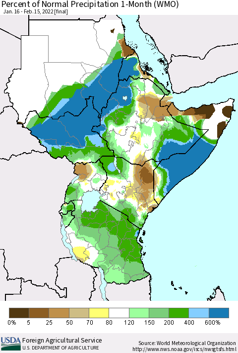Eastern Africa Percent of Normal Precipitation 1-Month (WMO) Thematic Map For 1/16/2022 - 2/15/2022