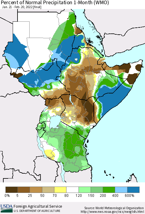 Eastern Africa Percent of Normal Precipitation 1-Month (WMO) Thematic Map For 1/21/2022 - 2/20/2022