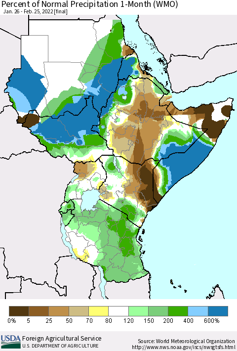 Eastern Africa Percent of Normal Precipitation 1-Month (WMO) Thematic Map For 1/26/2022 - 2/25/2022